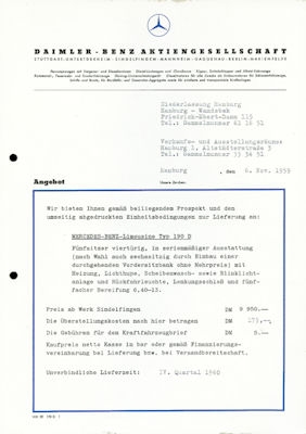 Mercedes-Benz 190 D Angebot 11.1959