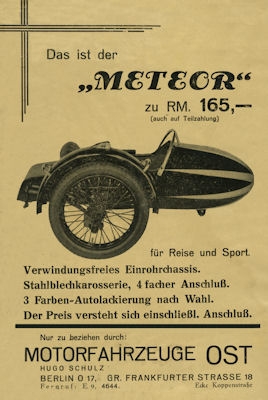 Meteor Seitenwagen Prospekt 1930er Jahre