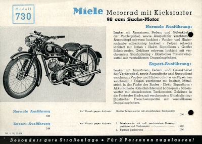 Miele Motorrad mit Kickstarter Prospekt 1952