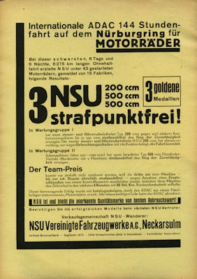 NSU poster 144 Stundenfahrt Nürburgring ca. 1931