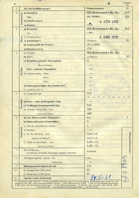 NSU 40 Prinz Original Fahrzeugbrief 1961