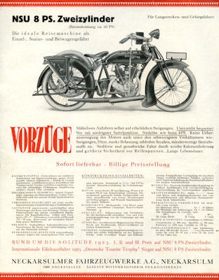 NSU 1000 ccm 8 HP brochure 1926