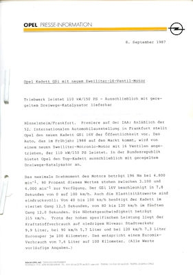Opel Kadett E GSi Pressemappe 9.1987