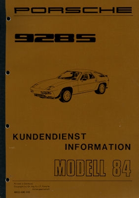 Porsche 928 S Customer Service Information 1984