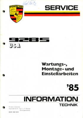 Porsche 928 S USA Customer Service Information 1985