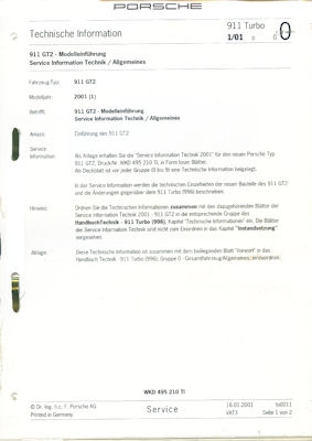 Porsche 911 GT 2 Allgemein Kundendienst Information Modell 2001