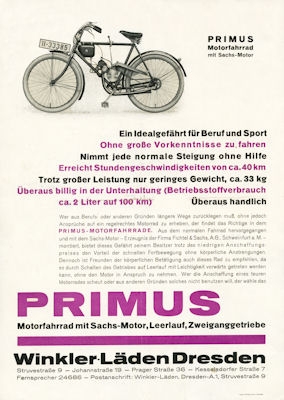 Primus Motorfahrrad 74 ccm brochure ca. 1931