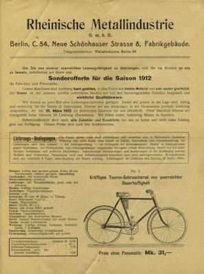 Rheinische Metallindustrie / Berlin Fahrrad Prospekt 1912