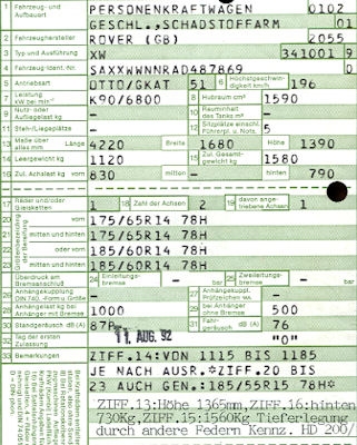 Rover 200 (Typ XW) Original Fahrzeugbrief 1992