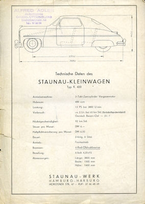 Staunau Klein-Wagen Prospekt 1950er Jahre