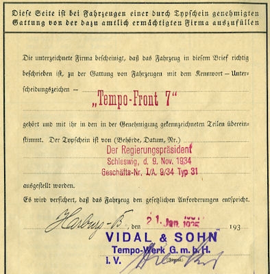 Tempo Front 7 Original Fahrzeugbrief 1935