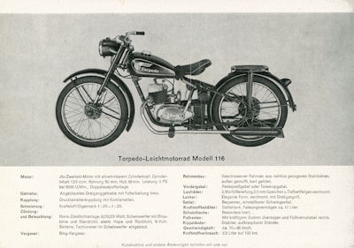 Torpedo Motorfahrrad Leichtmotorrad Prospekt ca. 1950
