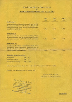 Torpedo Preisliste 10.1953