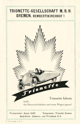 Trionette Threewheeler brochure 1923