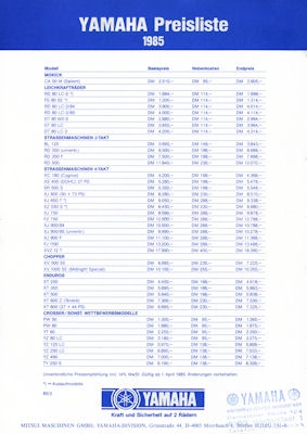 Yamaha Preisliste 1985