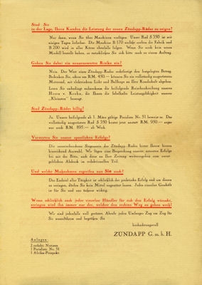 Zündapp Rundschreiben No. 274 1.3.1932